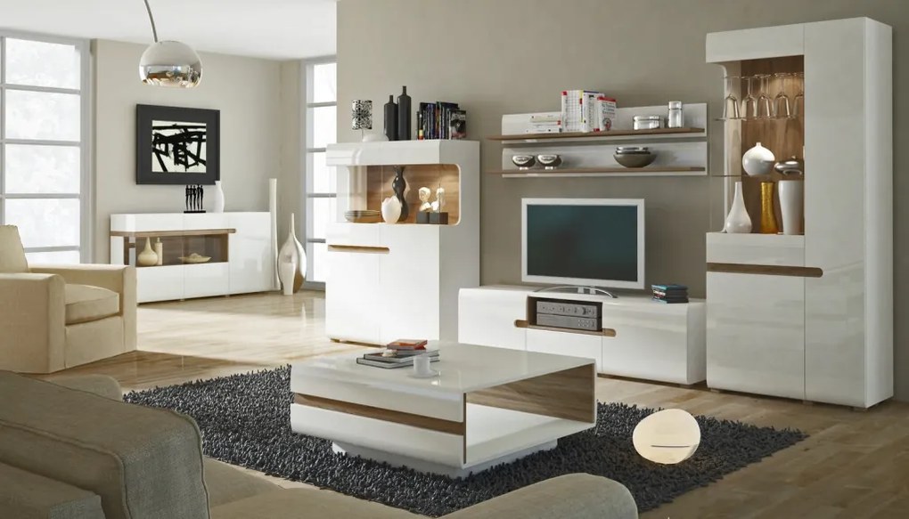 Široká komoda s presklením Linate, biely lesk/dub