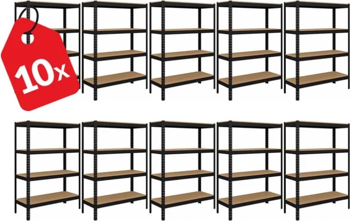 Akcia 10x Regál 150x70x30 cm lakovaný 4-policový, nosnosť 700 kg - čierny
