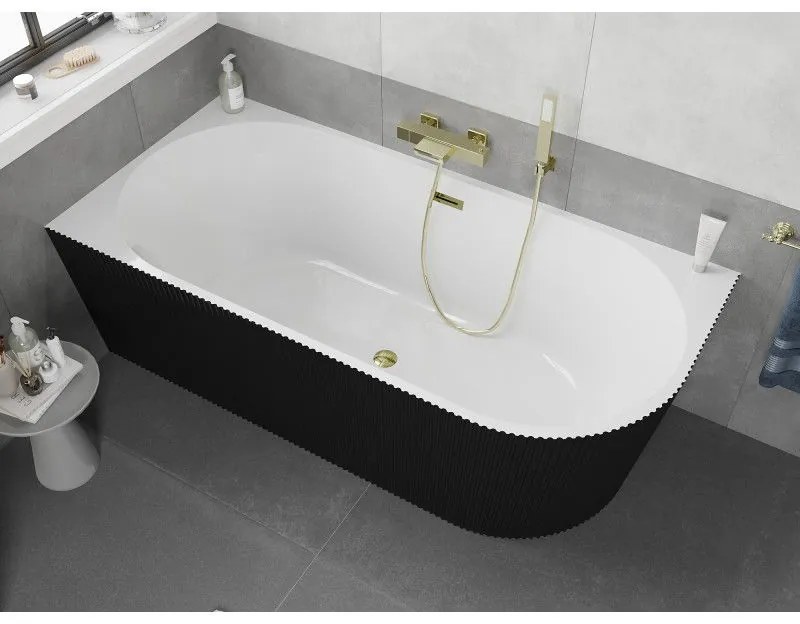 Mexen Silo, rohová voľne stojaca ryhovaná vaňa, ľavá, 170 x 80 cm, biela-čierna, zlatý lesklý prepad, 52891708075L-50