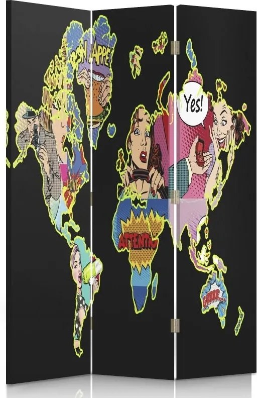 CARO Paraván - Black World Map Pop Art | trojdielny | jednostranný 110x150 cm
