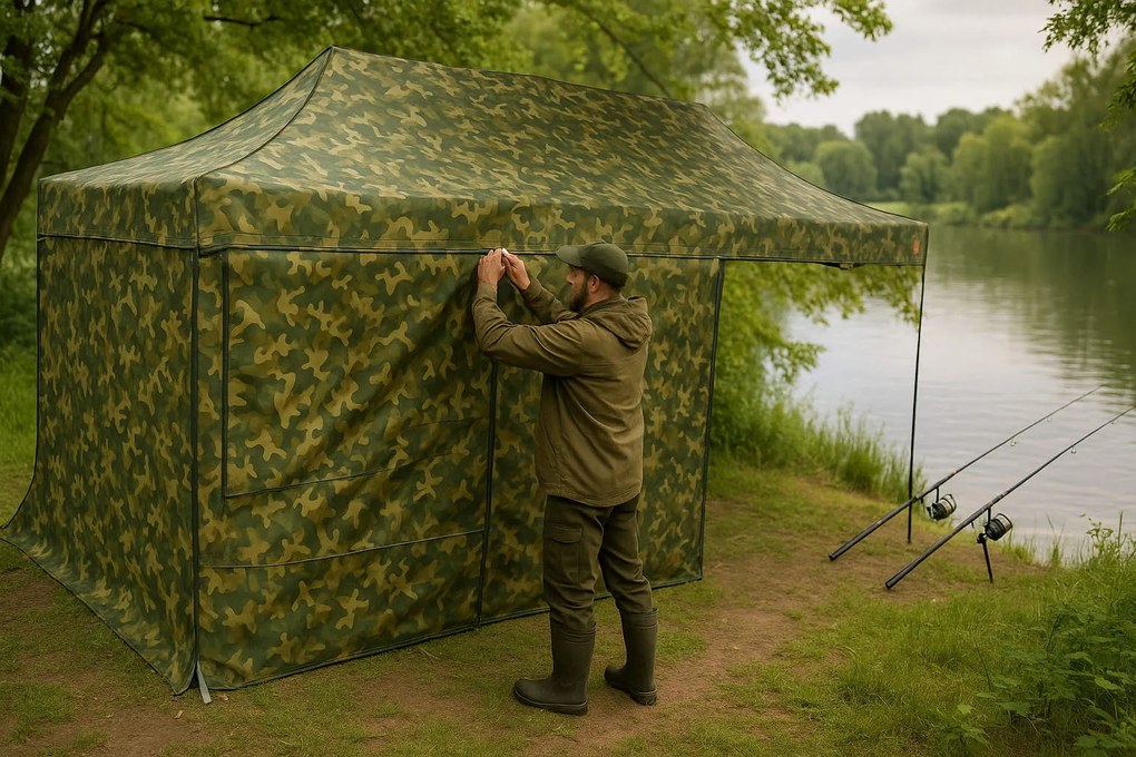 Rýchlorozkladací nožnicový stan 3x6m – oceľový, 1 bočná plachta, Maskáčová