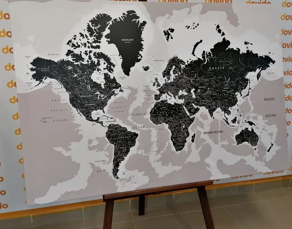 Obraz podrobná mapa sveta v čiernobielom prevedení