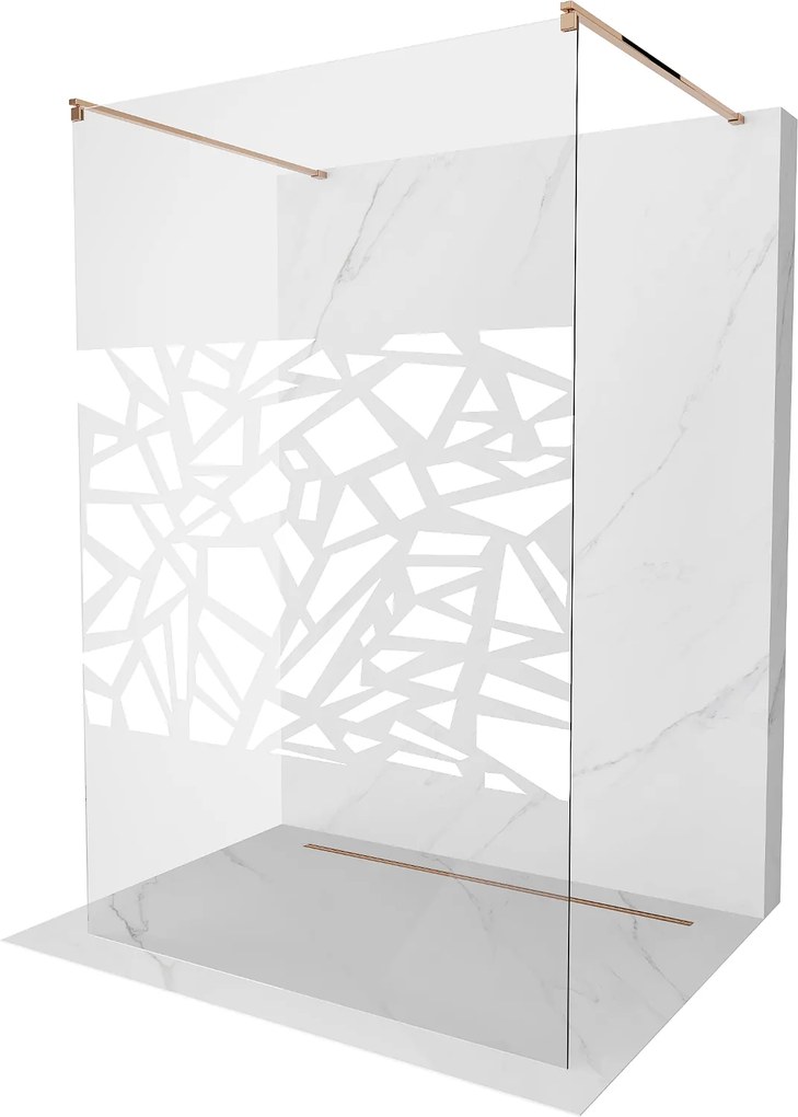 Mexen Kioto, priechodná sprchová zástena 110 x 200 cm, 8mm sklo číre s bielym vzorom, 2x zlatá stabilizačná rozpera, profil ružové zlato, 800-110-002-60-85