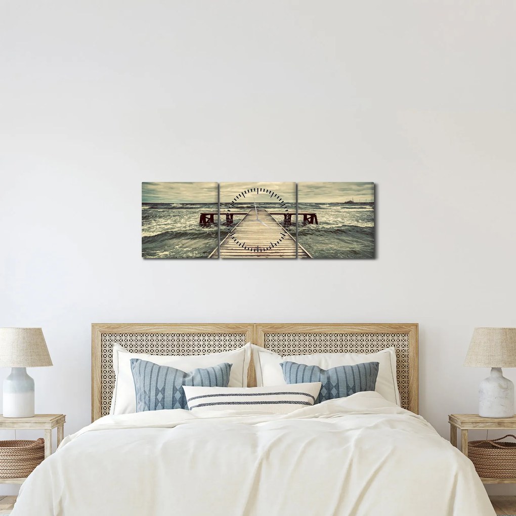 Obraz dreveného móla na mori (s hodinami) (90x30 cm)