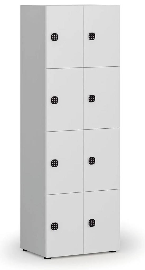 Drevená šatníková skrinka S4 s úložnými boxmi, 8 boxov, demont, kódový zámok, sivá/biela