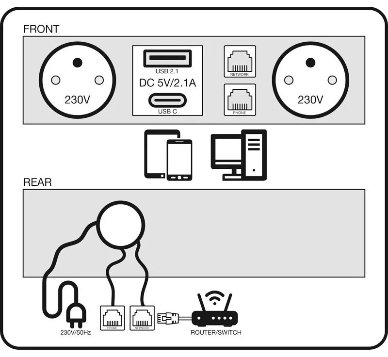 Rokovací stôl PRIMO SQUARE, 180x80 cm, buk + 2x stolová zásuvka TYP II, strieborná