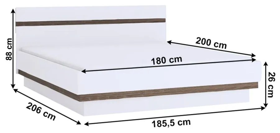 Tempo Kondela Posteľ 180, biela extra vysoký lesk HG/dub sonoma tmavý truflový, LYNATET TYP 93