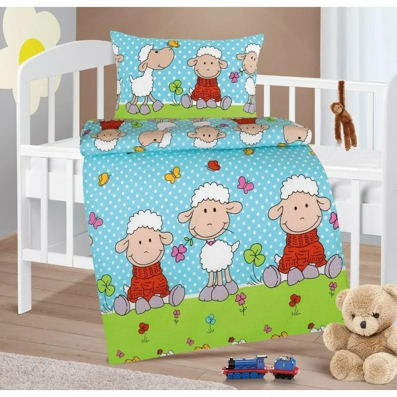 Bellatex Detská krepová posteľná bielizeň AgataSheep modrá, 90 x 135 cm, 45 x 60 cm