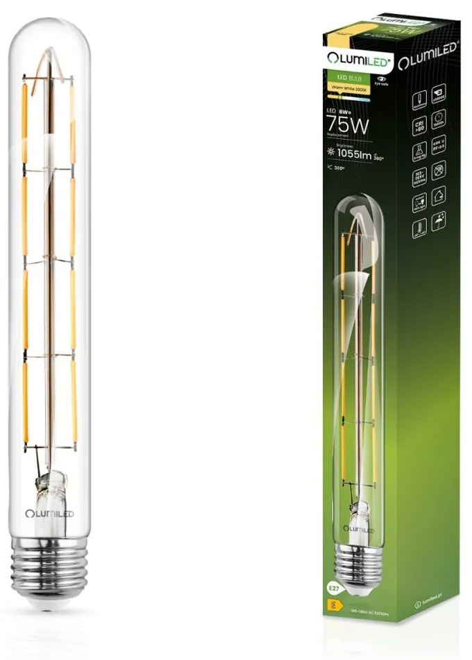 LED žiarovka E27 T30 8W = 75W 1055lm 3000K Warm 360° Filament LUMILED