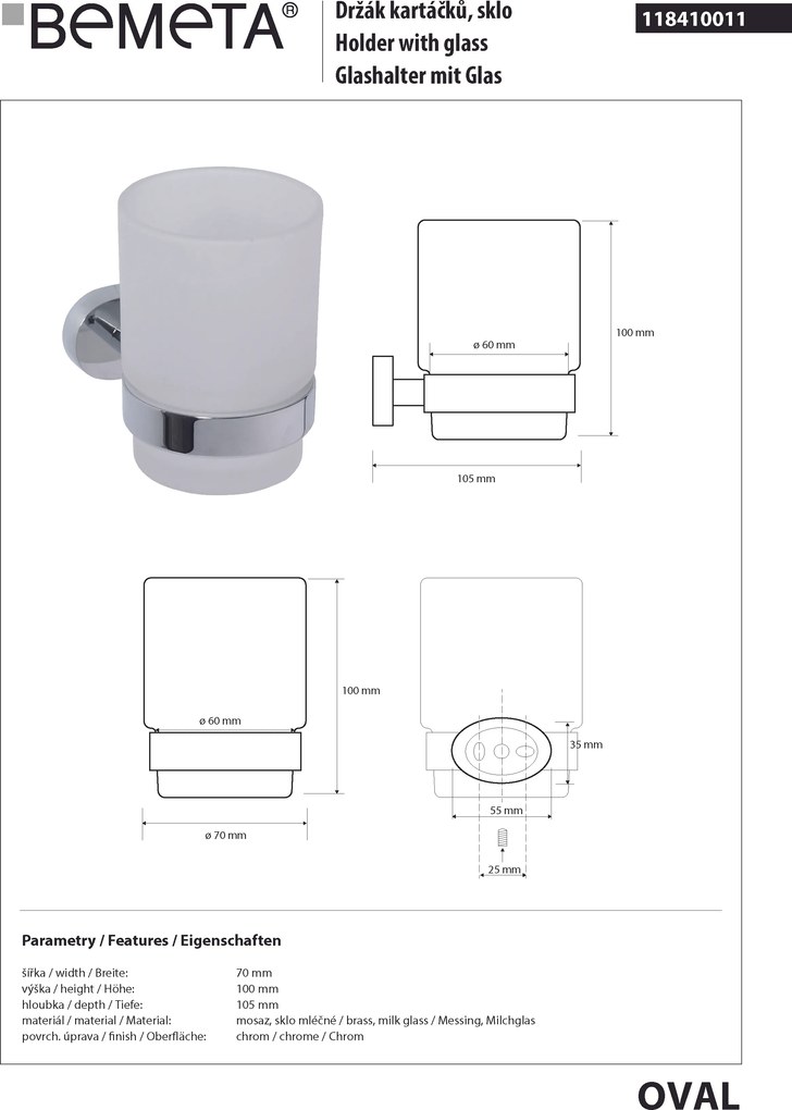 Bemeta Design OVAL: Držiak kefiek, sklo - 118410011