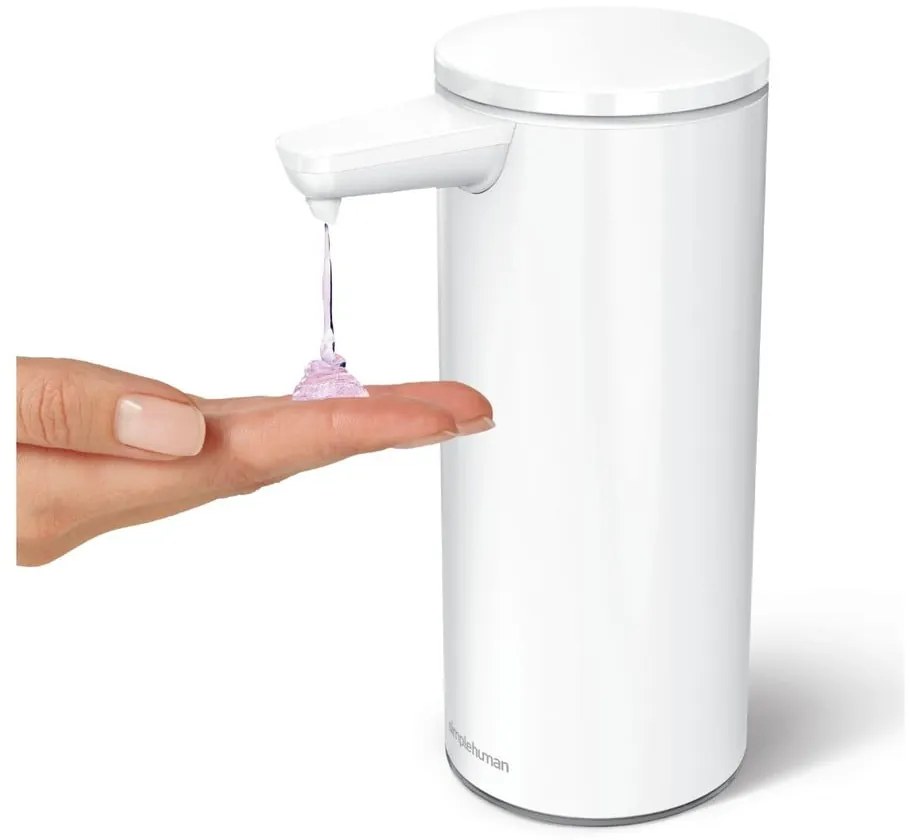 Biely bezdotykový kovový dávkovač mydla 266 ml – simplehuman
