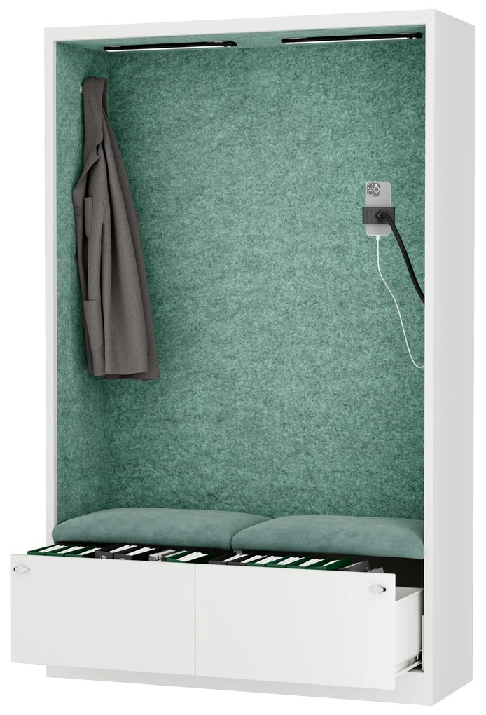 Akustická kabína SALLY MentalBox 1150 mm – biely korpus, zelené sedadlo