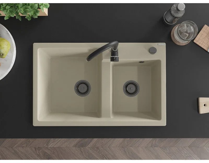 Mexen Tomas, granitový drez 800x500x190 mm, 2-komorový a čierna batéria Telma, béžová, 6516-69-670200-70