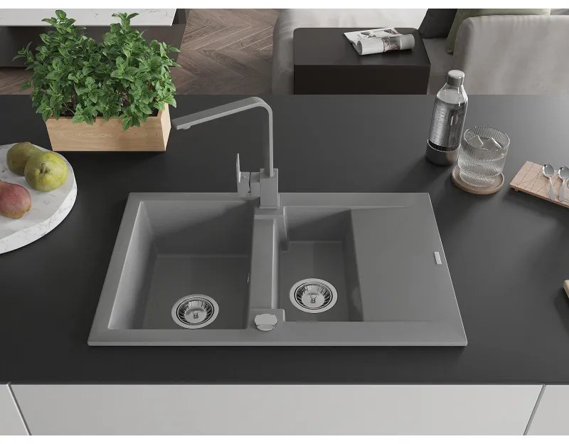 Mexen Gaspar, granitový drez 737x475x177 mm, 1,5-komorový a šedá batéria Rita, šedá, 6507-71-670300-71