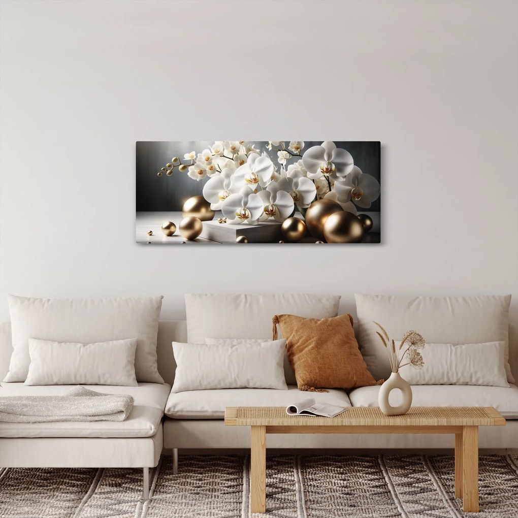 Obraz - Orchidea a zlaté gule (120x50 cm)