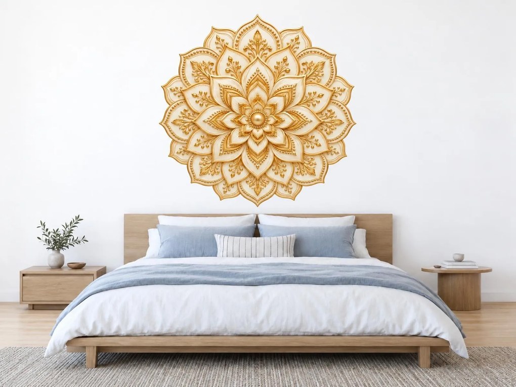 Zlatá lotosová mandala elegantná textilná prelepiteľná nálepka na stenu hárok 46 x 46 cm