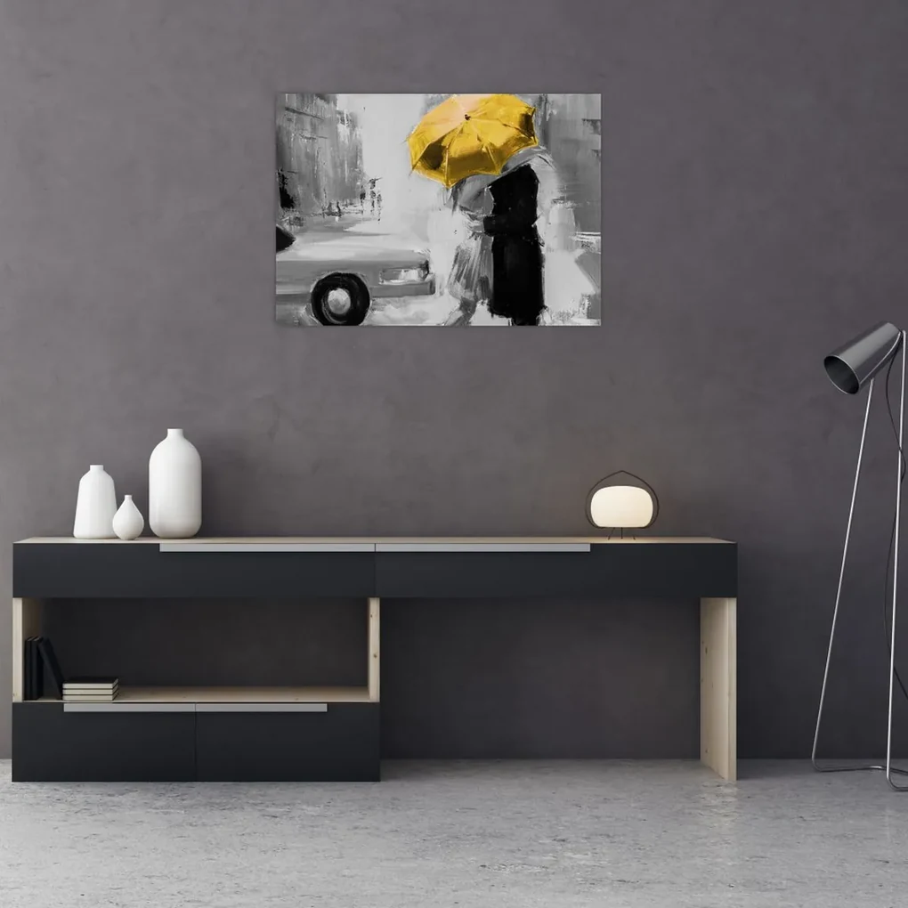 Obraz - Zamilovaný pár pod dáždnikom, žltý (70x50 cm)