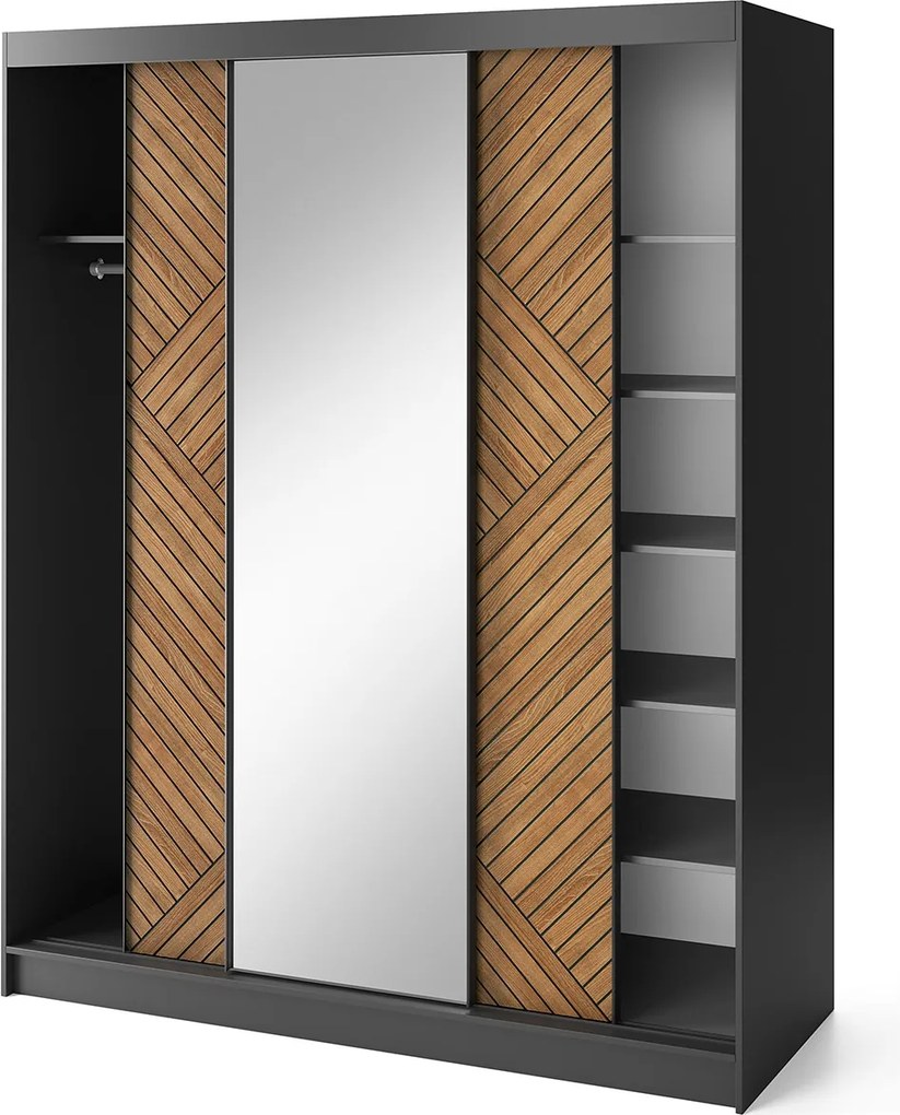 Šatní skříň Marrphy se zrcadlem 180 cm dub Caramel/černá