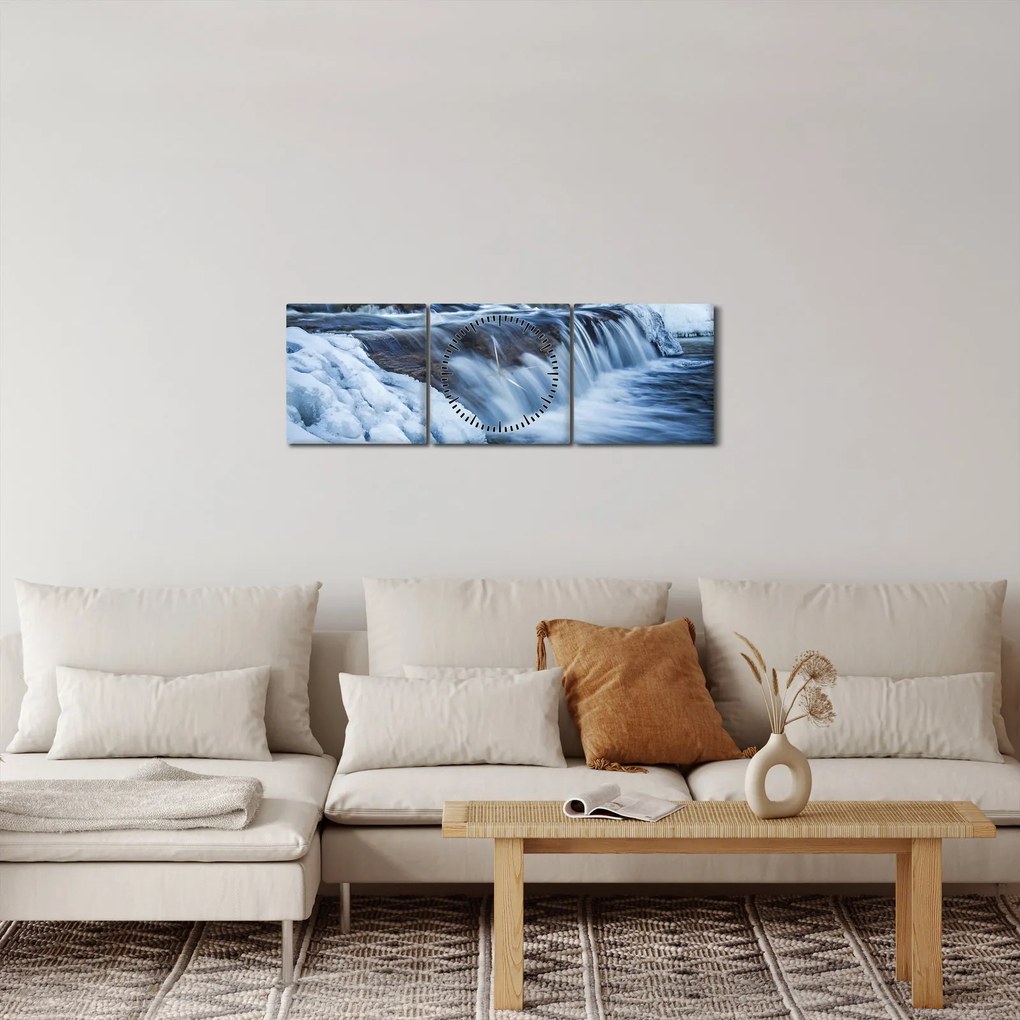Obraz rieky v zime (s hodinami) (90x30 cm)