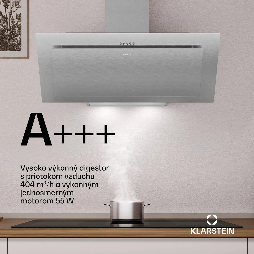 Klarstein Athena šikmý digestor | režim odsávania vzduchu a recirkulácie | 404 m³/h | 56 W | 90 cm