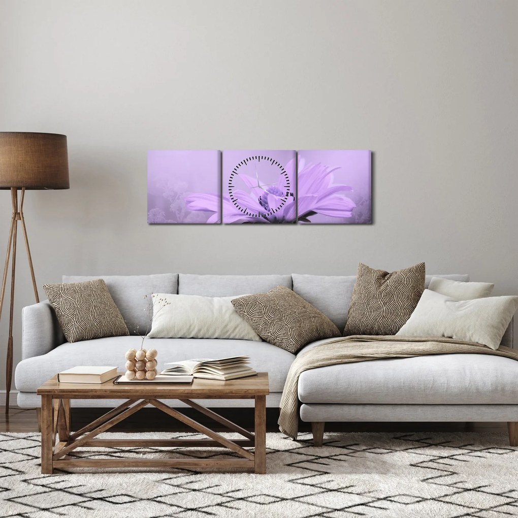 Obraz - Fialový kvet (s hodinami) (90x30 cm)