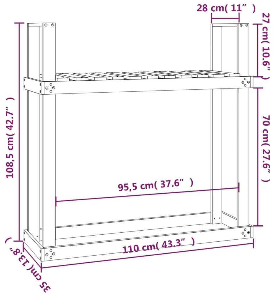 Stojan na palivové drevo sivý 110x35x108,5 cm masívna borovica