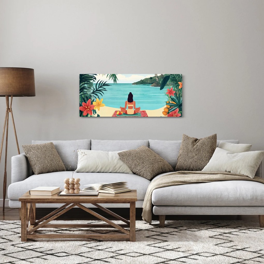 Obraz - Jogínka na pláži (120x50 cm)