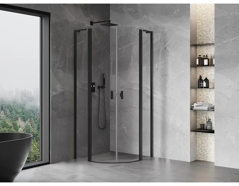 Mexen Mist L, štvrťkruhový sprchový kút s 2-krídlovými dverami, 100 x 100 cm, 8mm číre sklo, čierny profil, 8A32L-100-100-70-00
