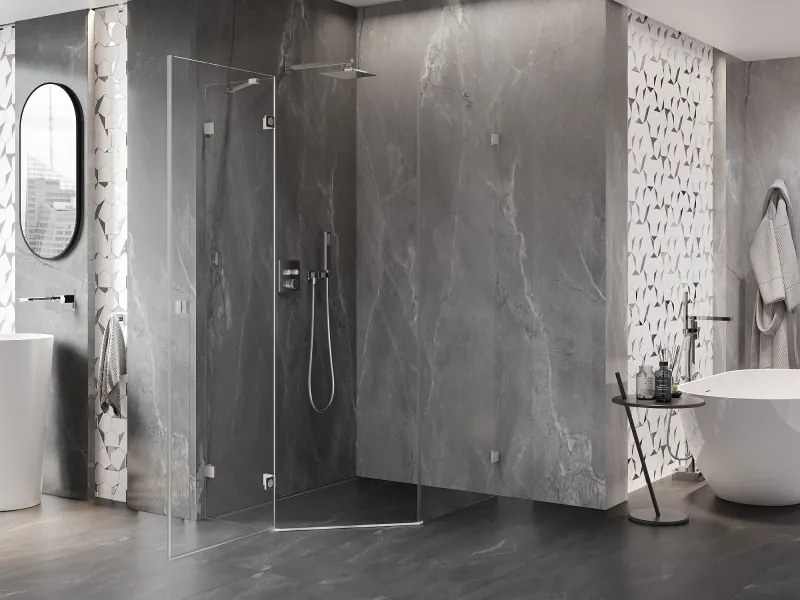 Mexen Lunar, päťuholníkový sprchový kút naklápací doľava 90 x 100 cm, 8mm číre sklo, oceľový profil, 831-090L-100P-97-00-L