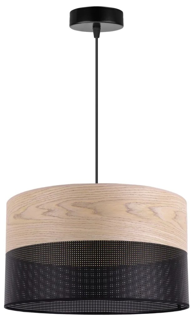 Závesné svietidlo Wood, 1x béžová dubová dýha/čierne PVC tienidlo, (fi 35cm)