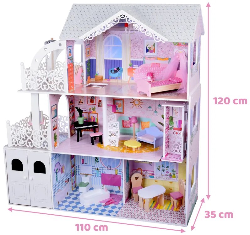 Veľký drevený domček pre bábiky s výťahom, garážou, balkónom a nábytkom – ZA5388