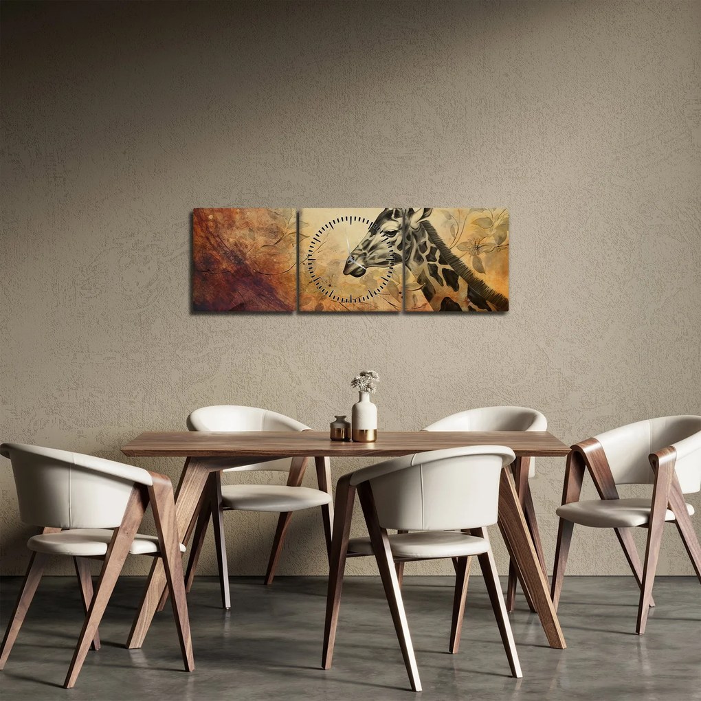 Obraz - Žirafa, maľba (s hodinami) (90x30 cm)
