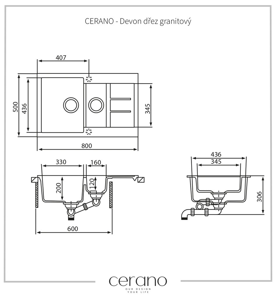 Cerano Devon, drez granitový, 1,5-komorový s odkvapkávačom, 800x500x200 mm, šedá, CER-LIVSQT151-G