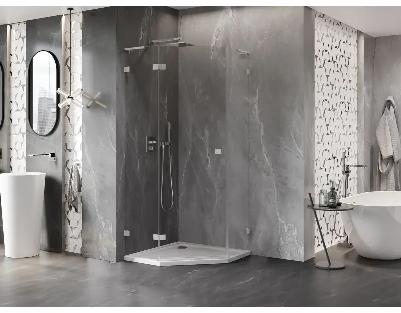 Mexen Lunar, L päťuholníkový sprchový kút naklápací doľava 80 x 80 cm, 8mm číre sklo, oceľový profil, 831L-080L-080P-97-00-L