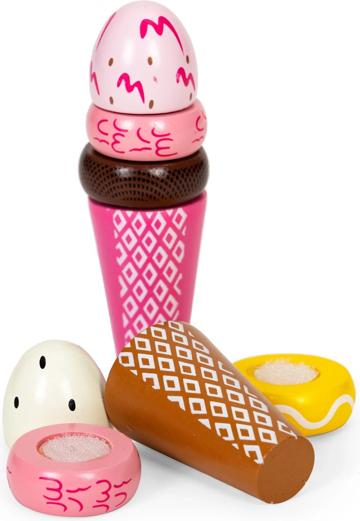 Detská drevená sada zmrzlín na suchý zips, 9 dielov so stojanom ECOTOYS 3+