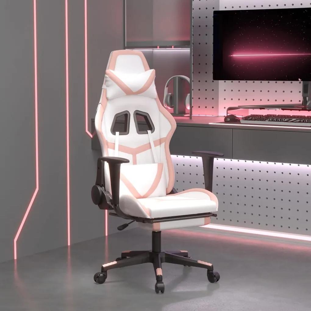 Herná stolička s podnožkou biela a ružová umelá koža