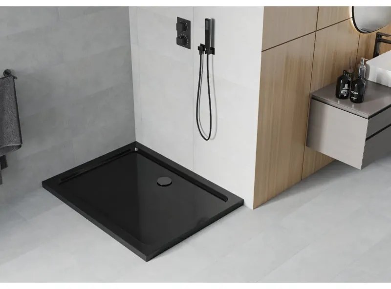 Mexen Flat, akrylátová sprchová vanička 80x70x5 cm SLIM, čierna, čierny sifón, 40707080B