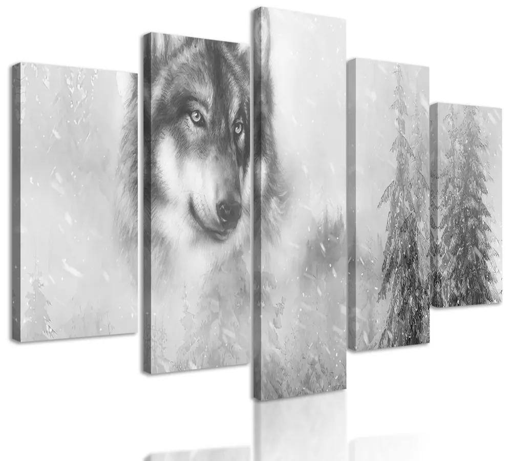 5-dielny obraz portrét vlka v čiernobielom prevedení