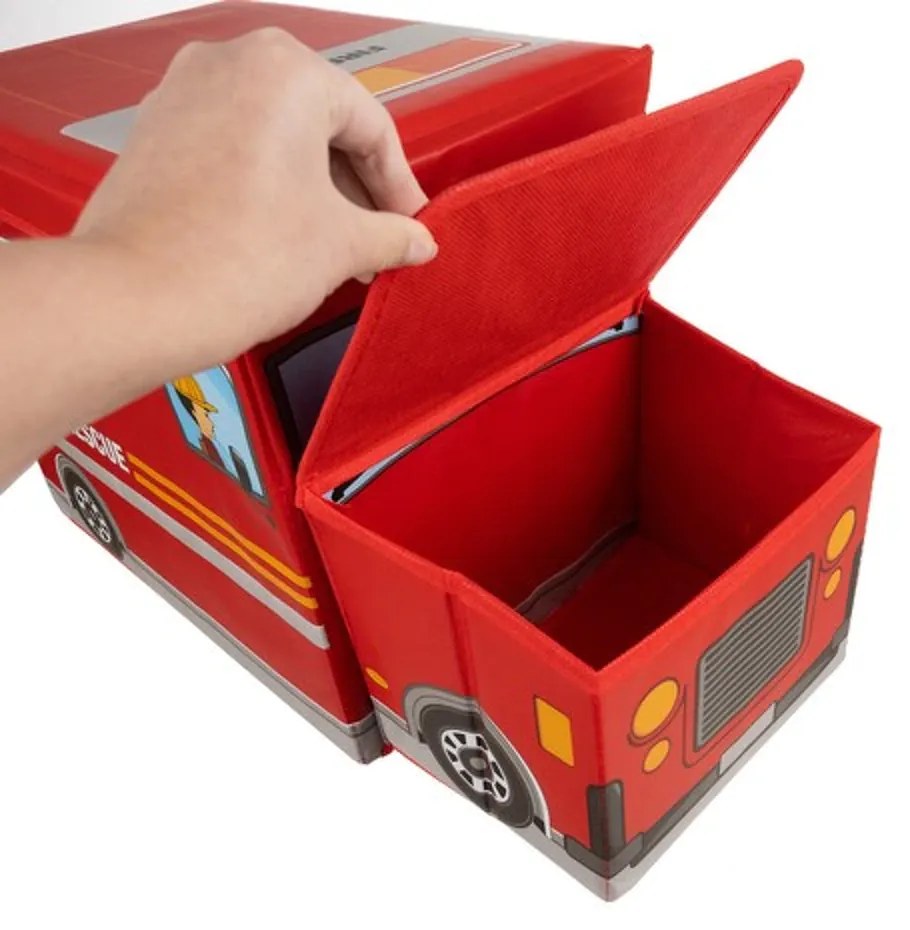 eCarla Úložný dětský box a taburet pro děti, POŽÁRNÍ VŮZ - hasiči, červený