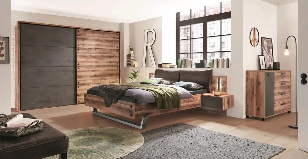 Šatník s posuvnými dverami Dover, 270 cm, zrubová doska / tmavý betón