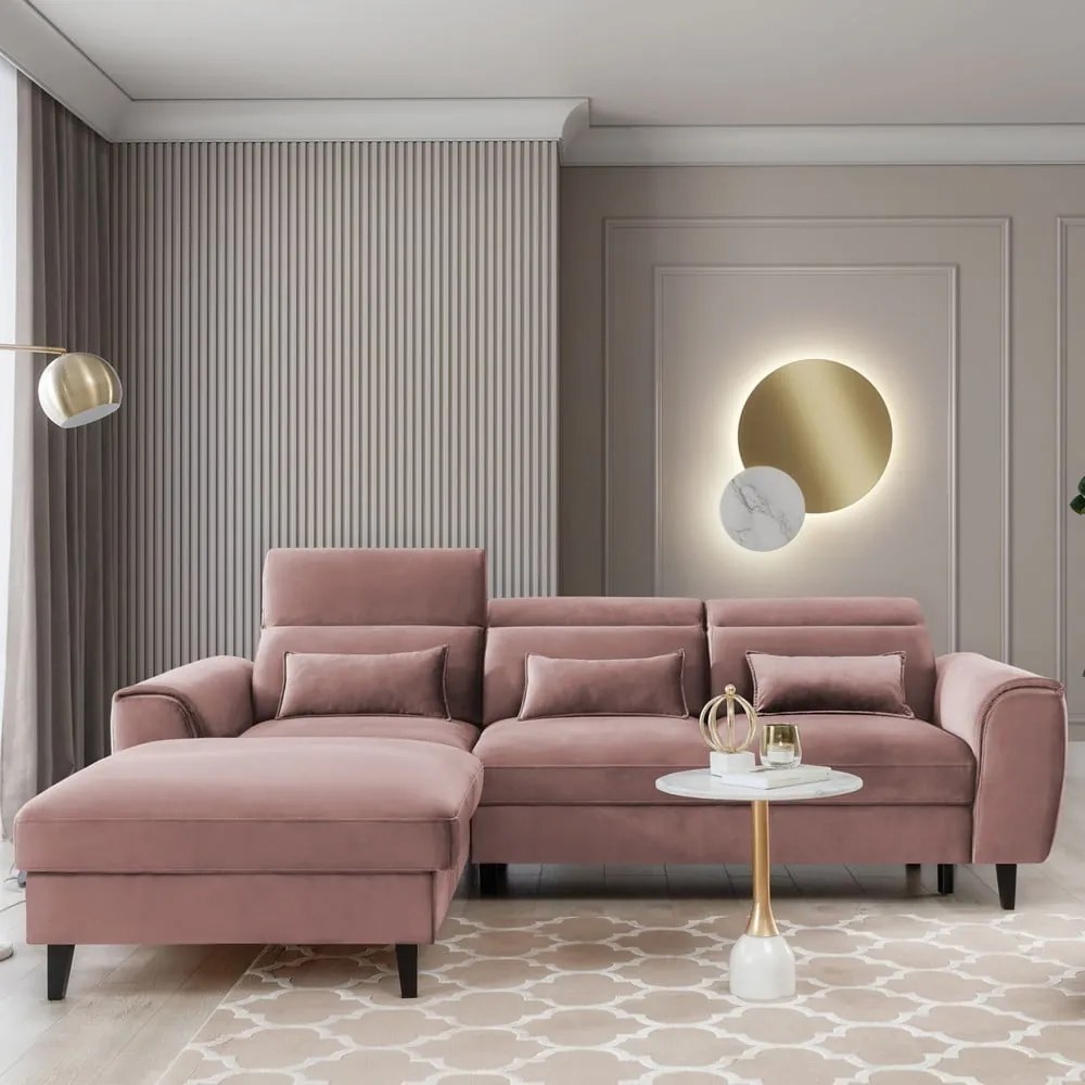 Ružová zamatová rozkladacia/s úložným priestorom rohová pohovka (ľavý roh/s leňoškou) Foble – ELTAP