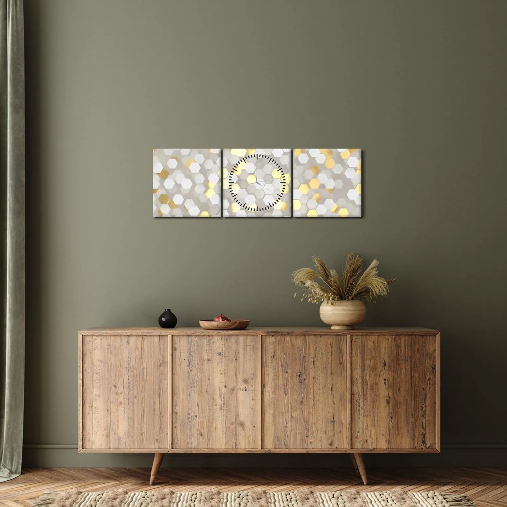 Obraz - Zlato-biele hexagóny (s hodinami) (90x30 cm)