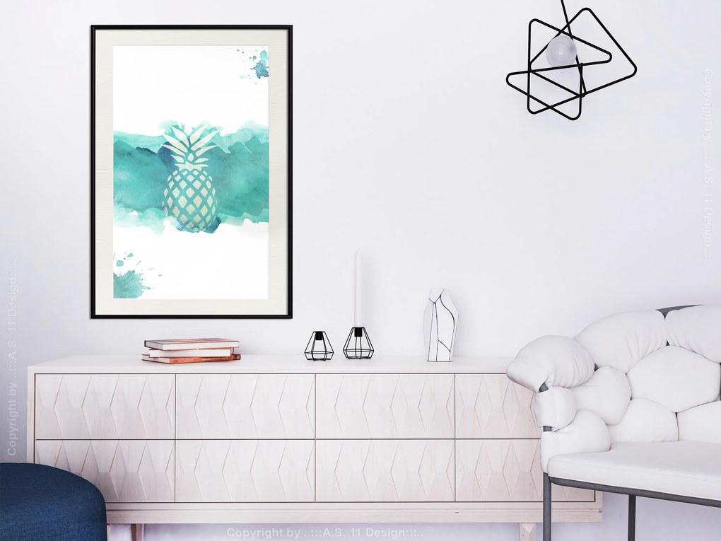 Artgeist Plagát - Pineapple in Watercolours [Poster] Veľkosť: 20x30, Verzia: Čierny rám s passe-partout