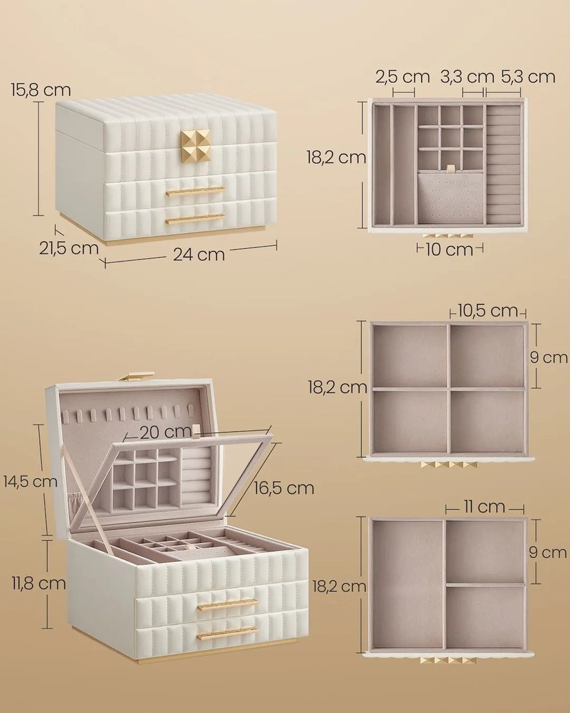 Songmics Šperkovnica Emma, 21,5x24x15,8 cm, biela