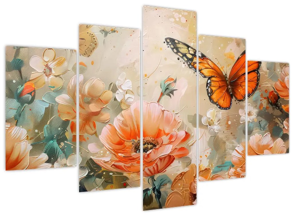 Obraz - Motýľ a kvety, olejomaľba (150x105 cm)