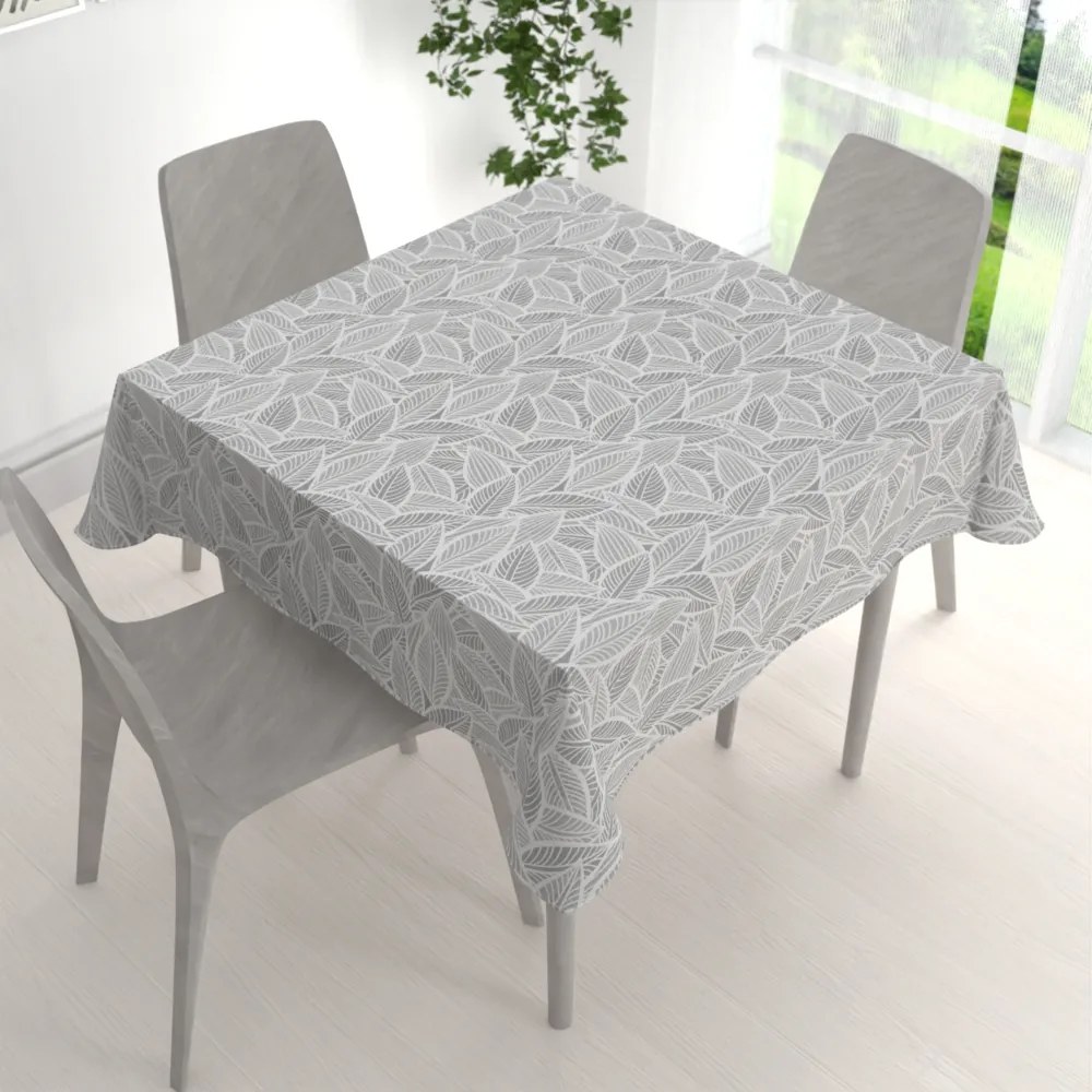 Biante Veľký dekoračný štvorcový obrus Leona LN-169 Biele listy na sivom 150x150 cm