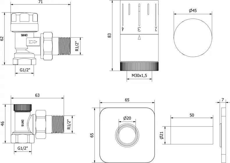Mexen G05, uhlová termostatická súprava s hranatou krytkou, biela matná, W901-958-909-20