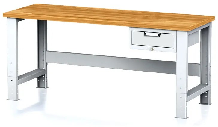 Alfa 3 Nastaviteľný dielenský stôl MECHANIC I, závesný box na náradie, 1 zásuvka, 2000x685x700-1055 mm, sivé dvere