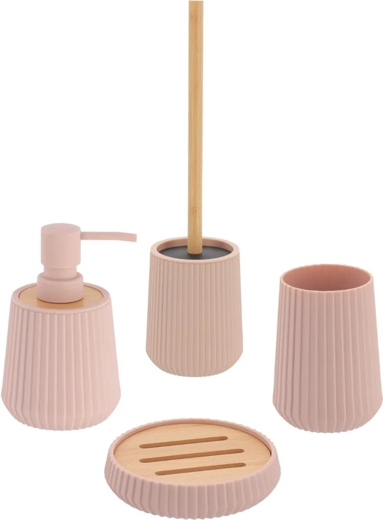 Sada kúpeľňových doplnkov Roza, ružová/s drevenými prvkami
