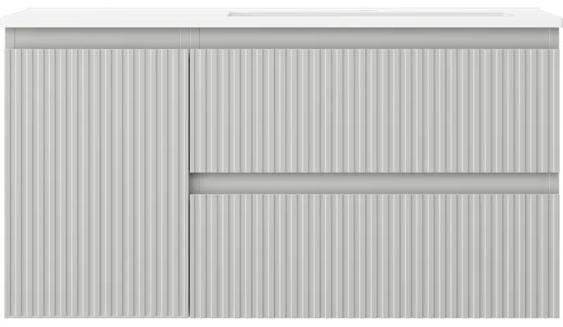 Mexen Rivel, kúpeľňová skrinka 90 cm s pravým umývadlom Otis, 2S, 1D, drážkovaná, sivá matná/biela matná - 91A23-09047-3-BBFFF62-W18P01